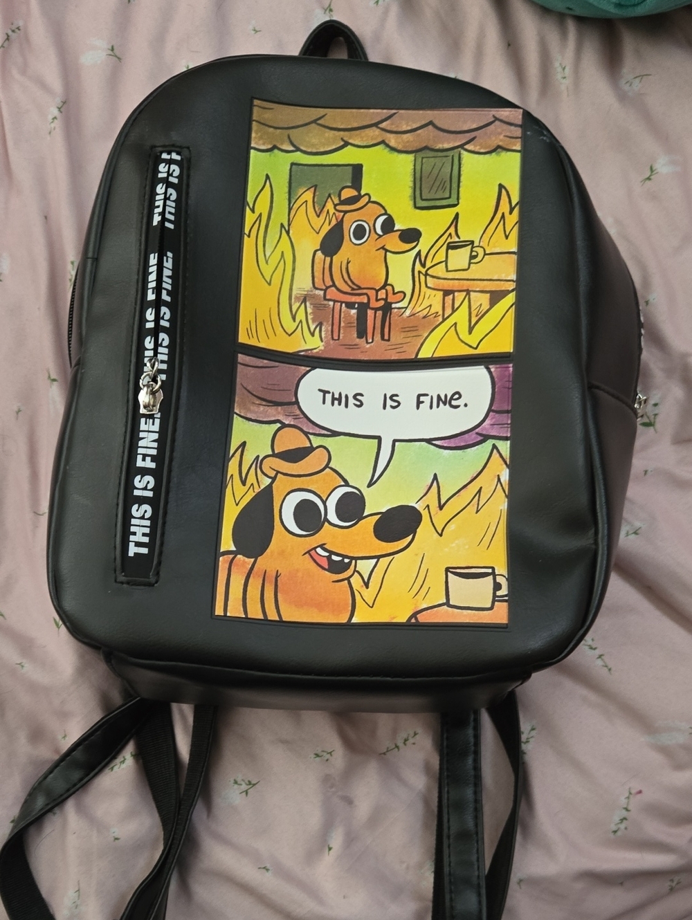 Black "This Is Fine" Comic Backpack - Dog Graphic
